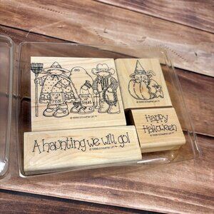 1998 STAMPIN' UP! A HAUNTING WE WILL GO WOOD RUBBER STAMP SET OF 4 HALLOWEEN